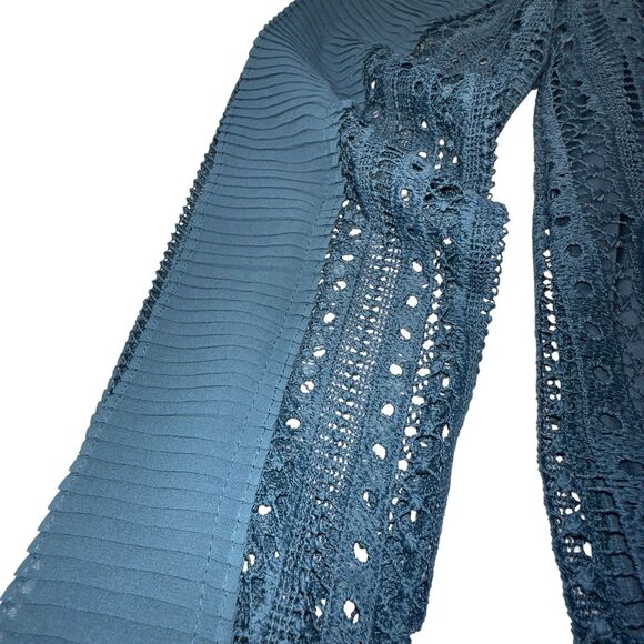 Calligraphie Teal Laced Ruffles Long Sleeve Blouse Top Size Medium - Picture 5 of 11